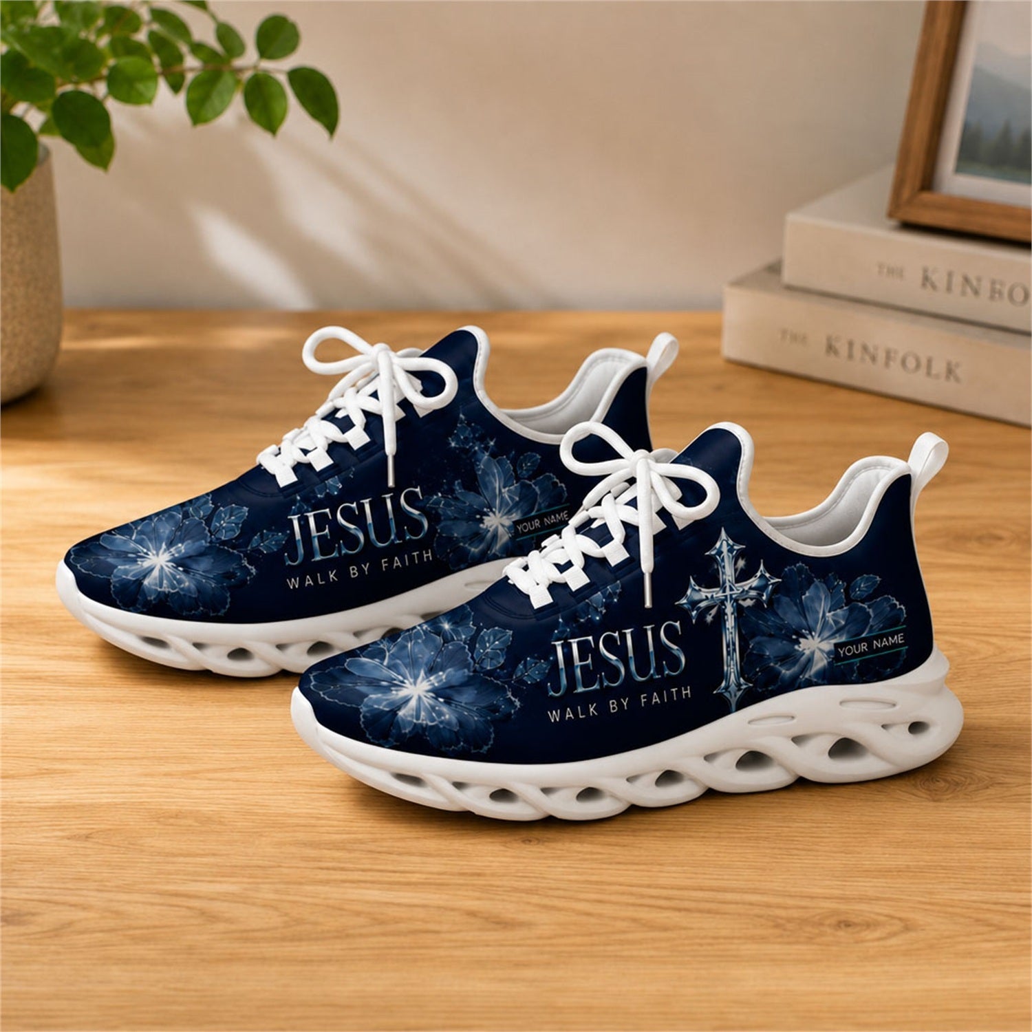 Lifestyle view of white-soled faith sneakers on a wooden surface, highlighting the spiritual message
