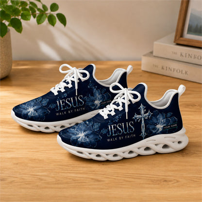 Lifestyle view of white-soled faith sneakers on a wooden surface, highlighting the spiritual message