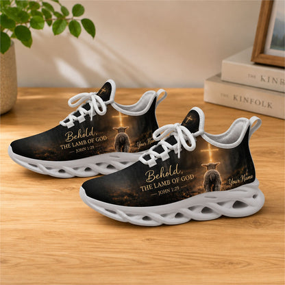 Lifestyle view of white-soled faith sneakers on wood, featuring John 1:29 verse graphic