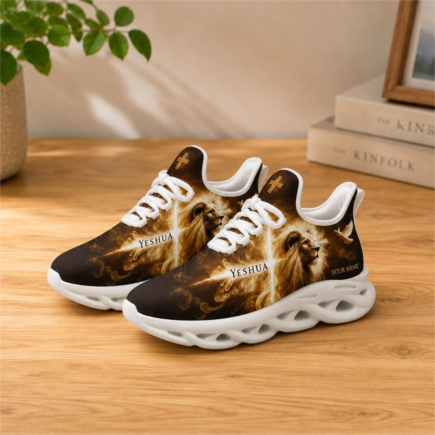 Lifestyle view of white-soled faith sneakers on wood, showcasing lion and holy spirit dove graphic