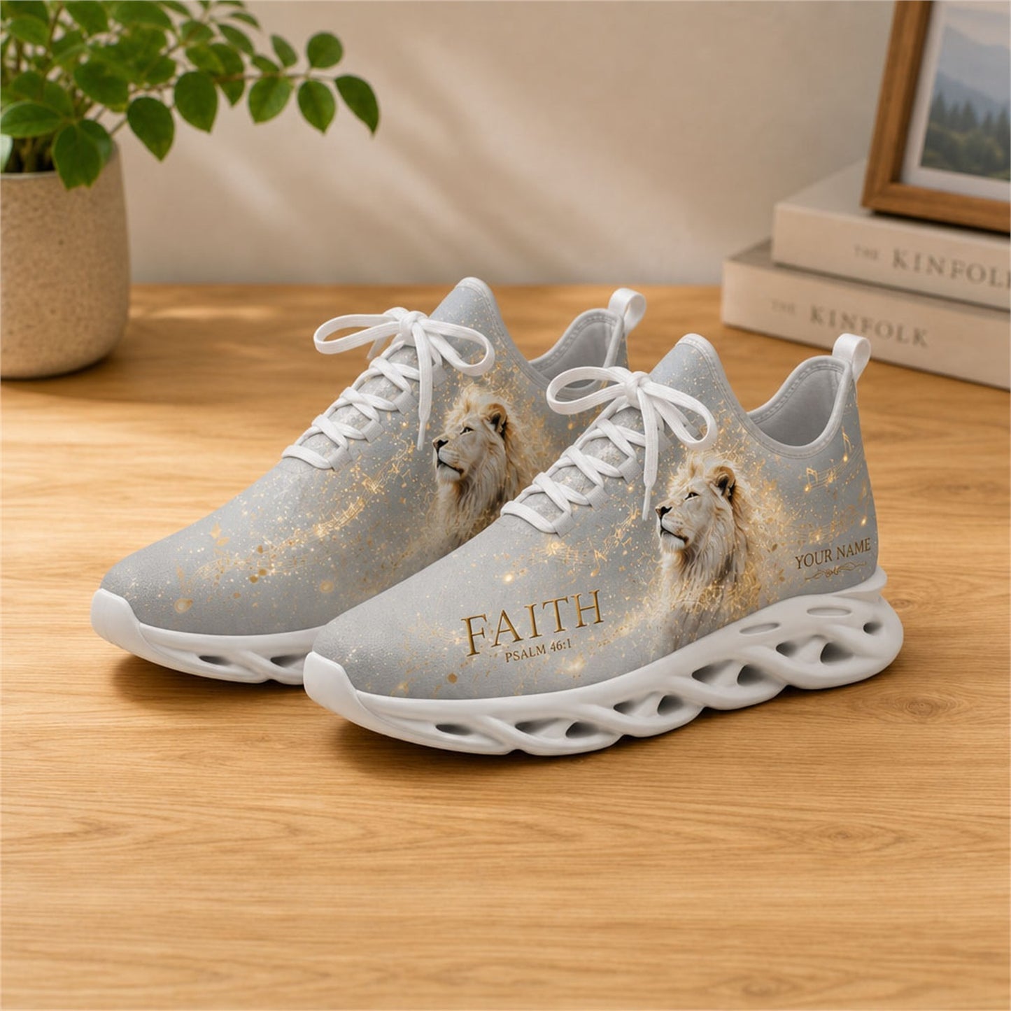Lifestyle view of white-soled faith sneakers on wood, showcasing the golden lion and music art