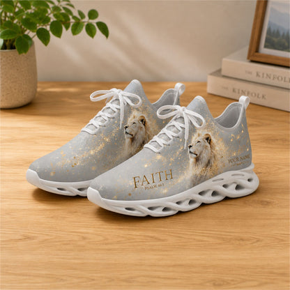 Lifestyle view of white-soled faith sneakers on wood, showcasing the golden lion and music art
