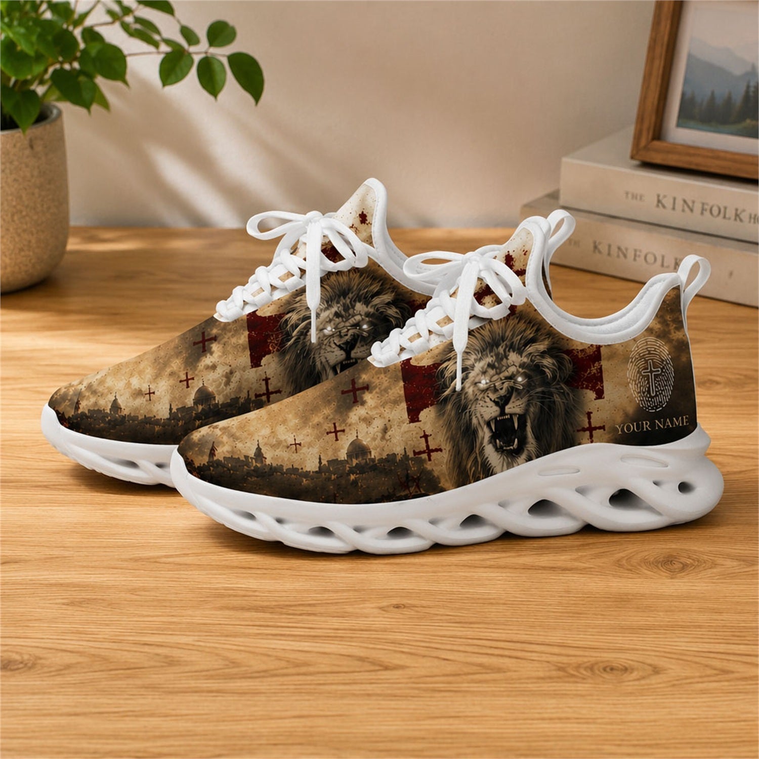 Lifestyle view of white-soled faith sneakers on a wooden surface, highlighting the lion art