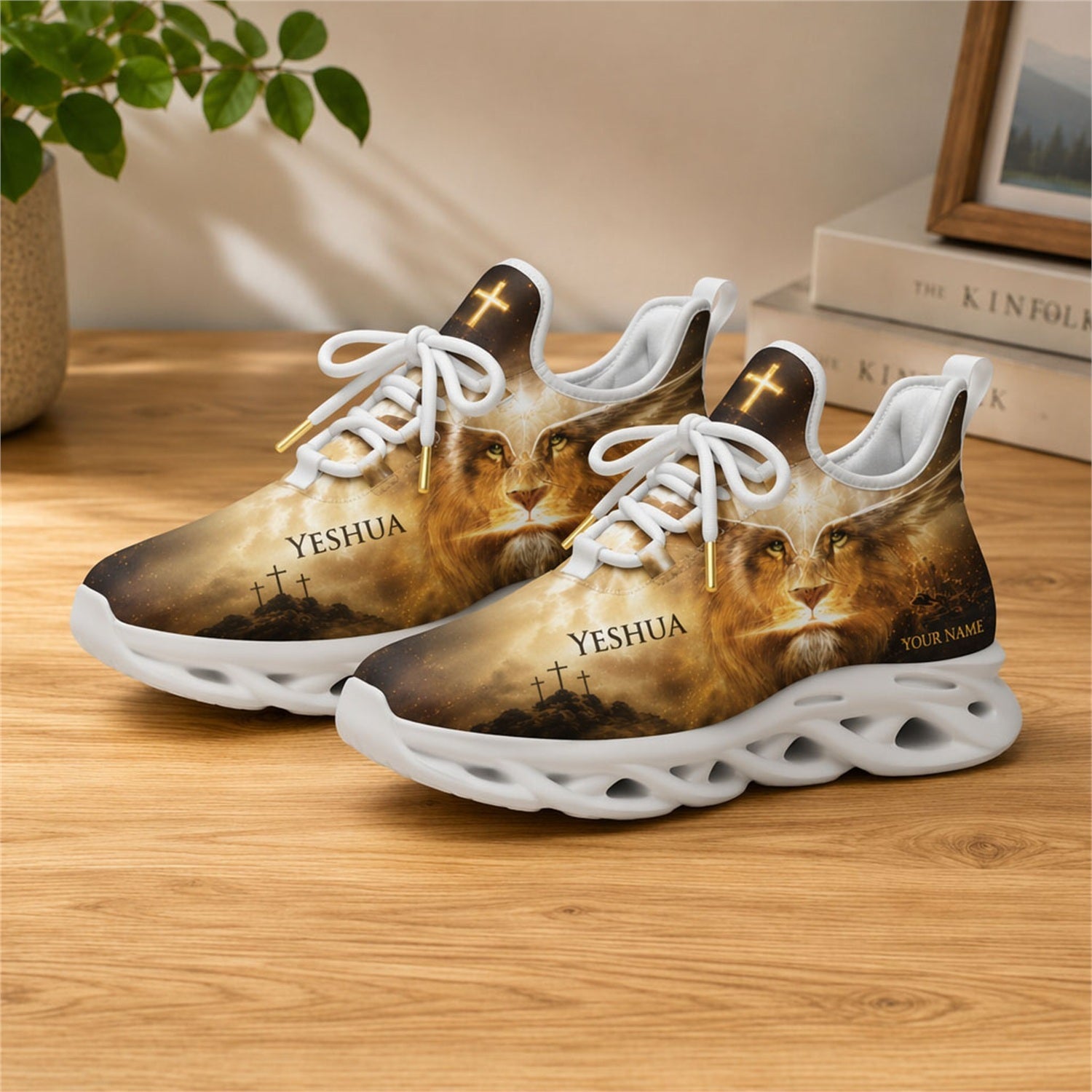 Lifestyle view of white-soled faith sneakers on wood, showcasing lion and cross graphic