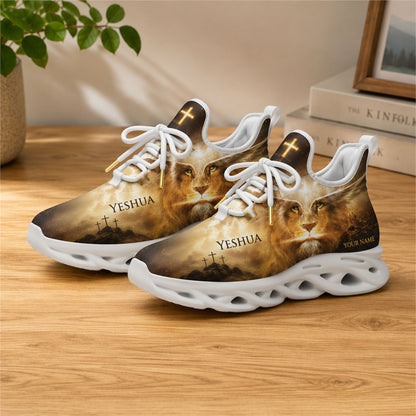 Lifestyle view of white-soled faith sneakers on wood, showcasing lion and cross graphic
