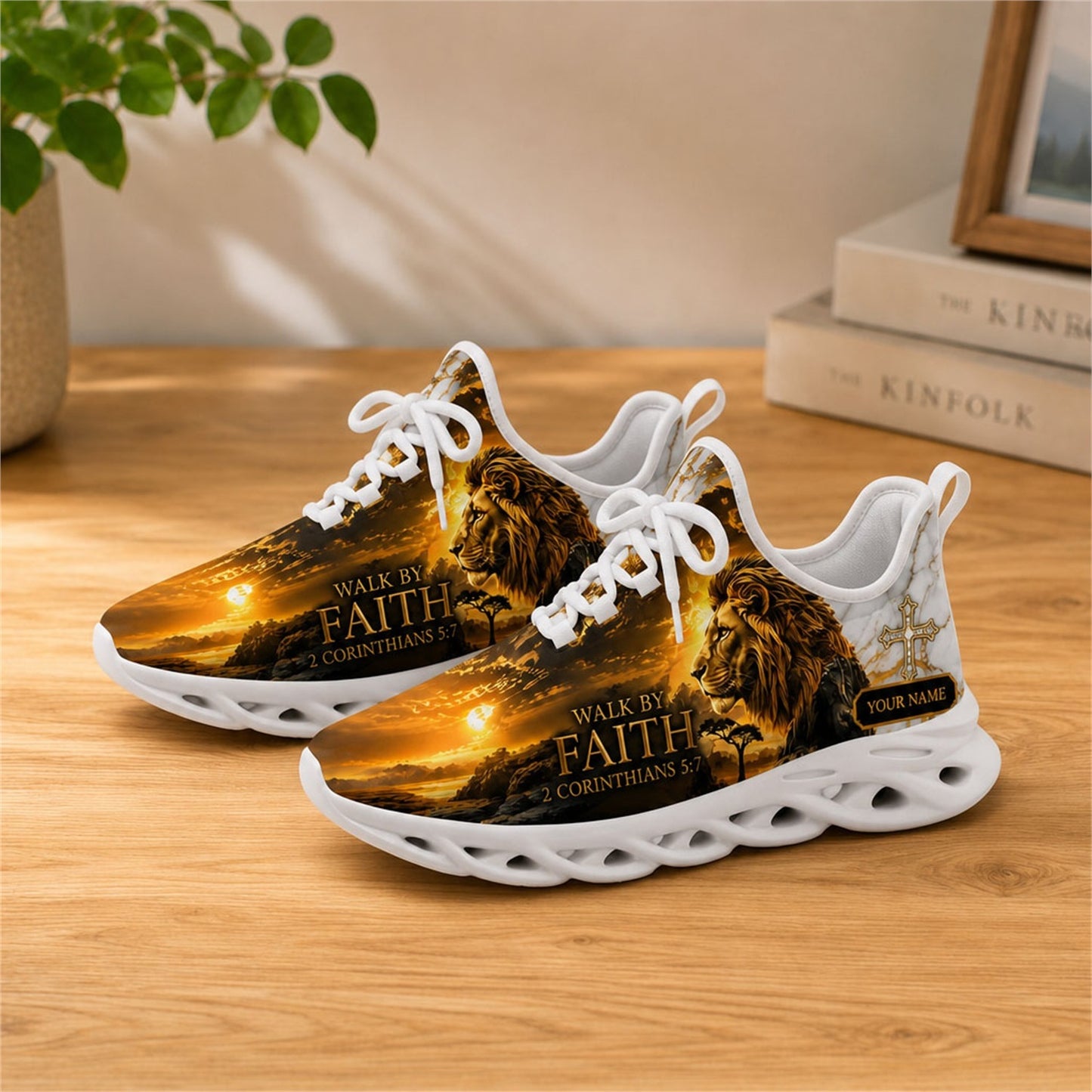 Lifestyle view of white-soled faith sneakers on a wooden surface, highlighting the lion art