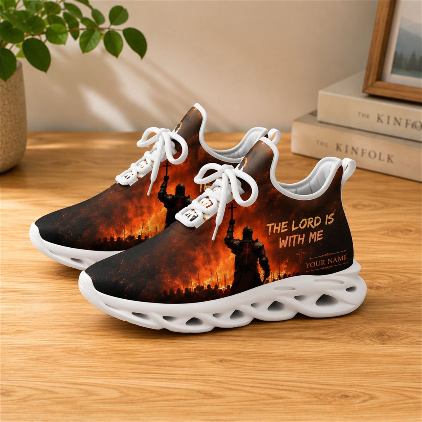 Lifestyle view of white-soled faith sneakers on wood, showcasing the knight and fiery battle scene