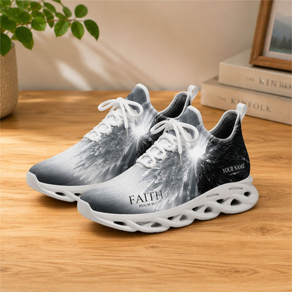 Lifestyle view of white-soled faith sneakers on a wooden surface, highlighting the monochrome wing art