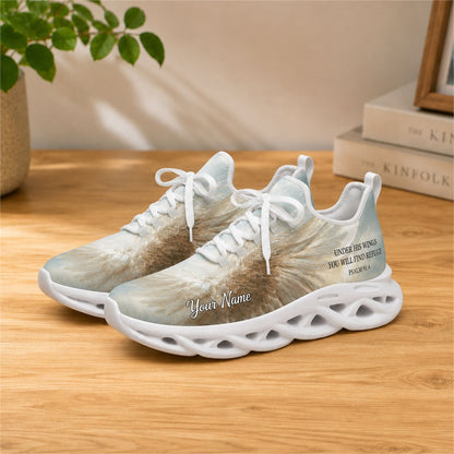 Lifestyle view of white-soled faith sneakers on a wooden surface, highlighting the wing art