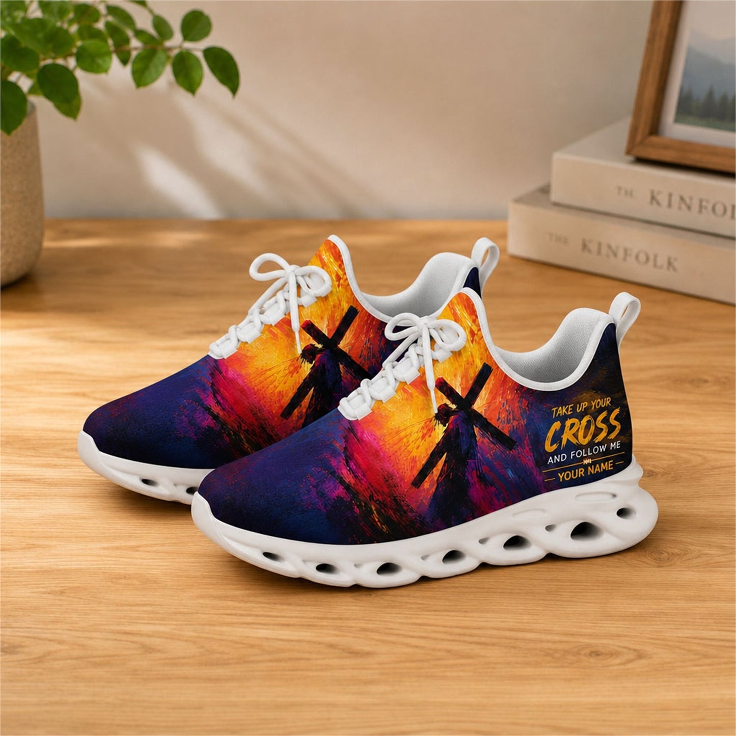 Lifestyle view of white-soled faith sneakers on a wooden surface, highlighting the inspirational message