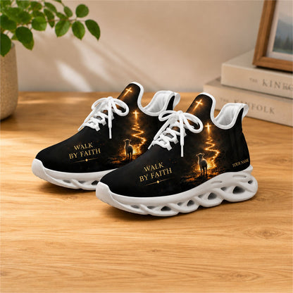Lifestyle view of white-soled faith sneakers on wood, showcasing lamb and glowing cross graphic