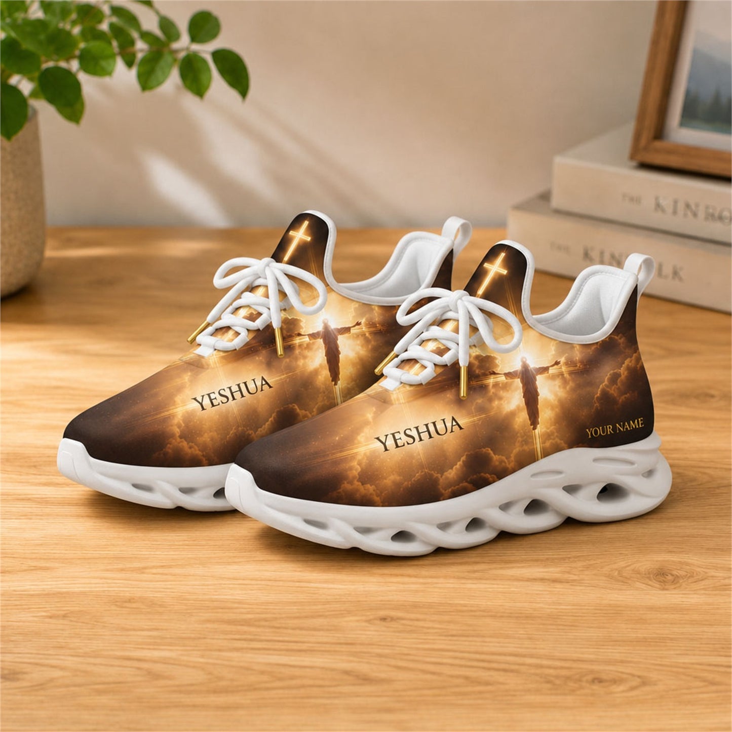 Lifestyle view of white-soled faith sneakers on wood, showcasing divine light and Jesus graphic
