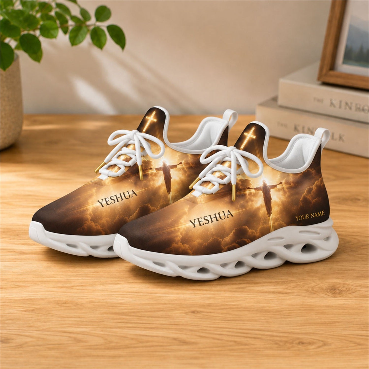 Lifestyle view of white-soled faith sneakers on wood, showcasing divine light and Jesus graphic