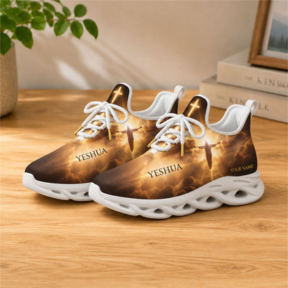 Lifestyle view of white-soled faith sneakers on wood, showcasing divine light and Jesus graphic
