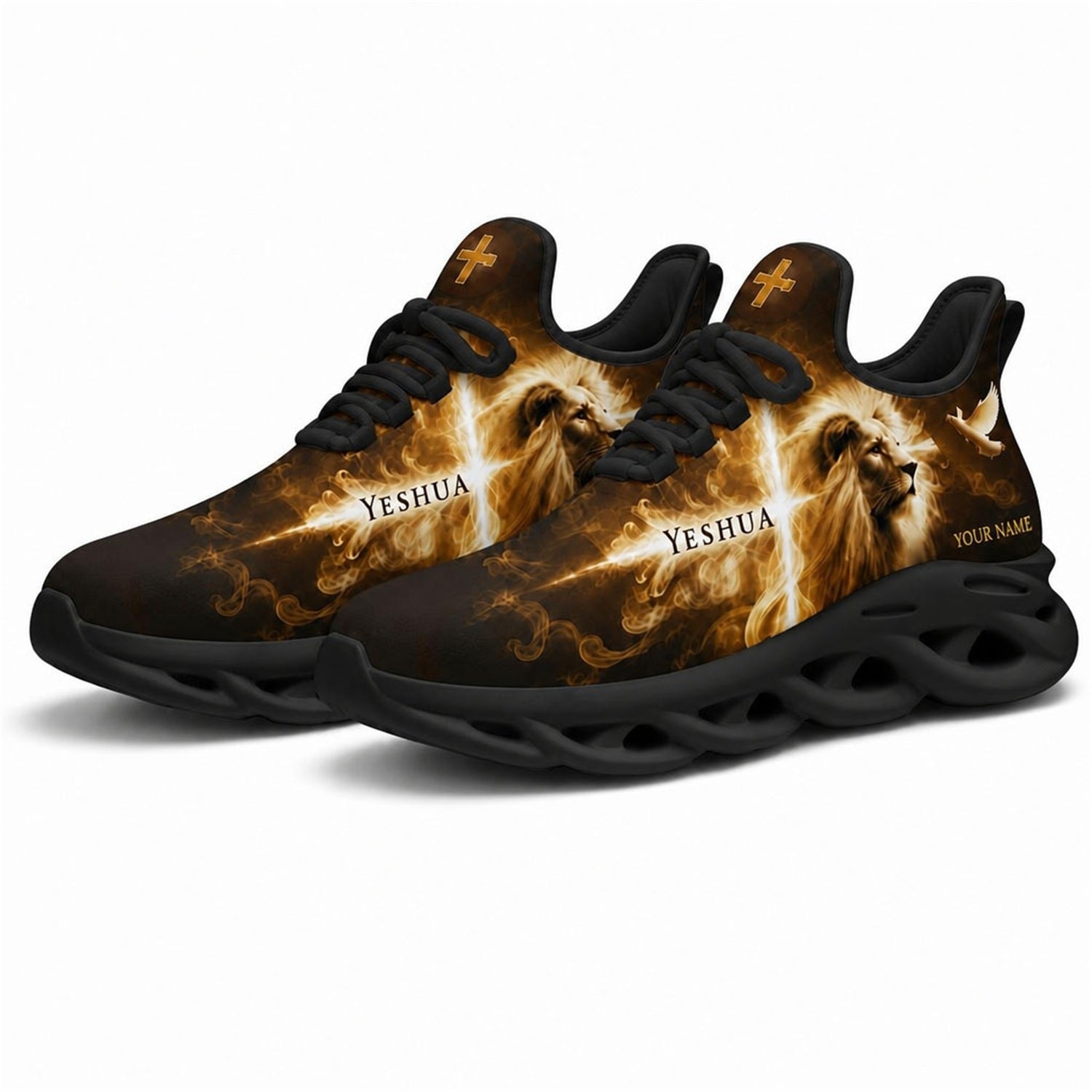 Angled studio shot of black-soled religious footwear featuring the Lion and Dove design