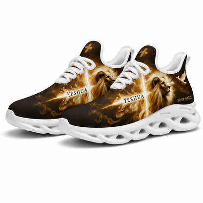 Studio 3/4 angle of gym sneakers featuring Lion of Judah and dove graphic on white soles