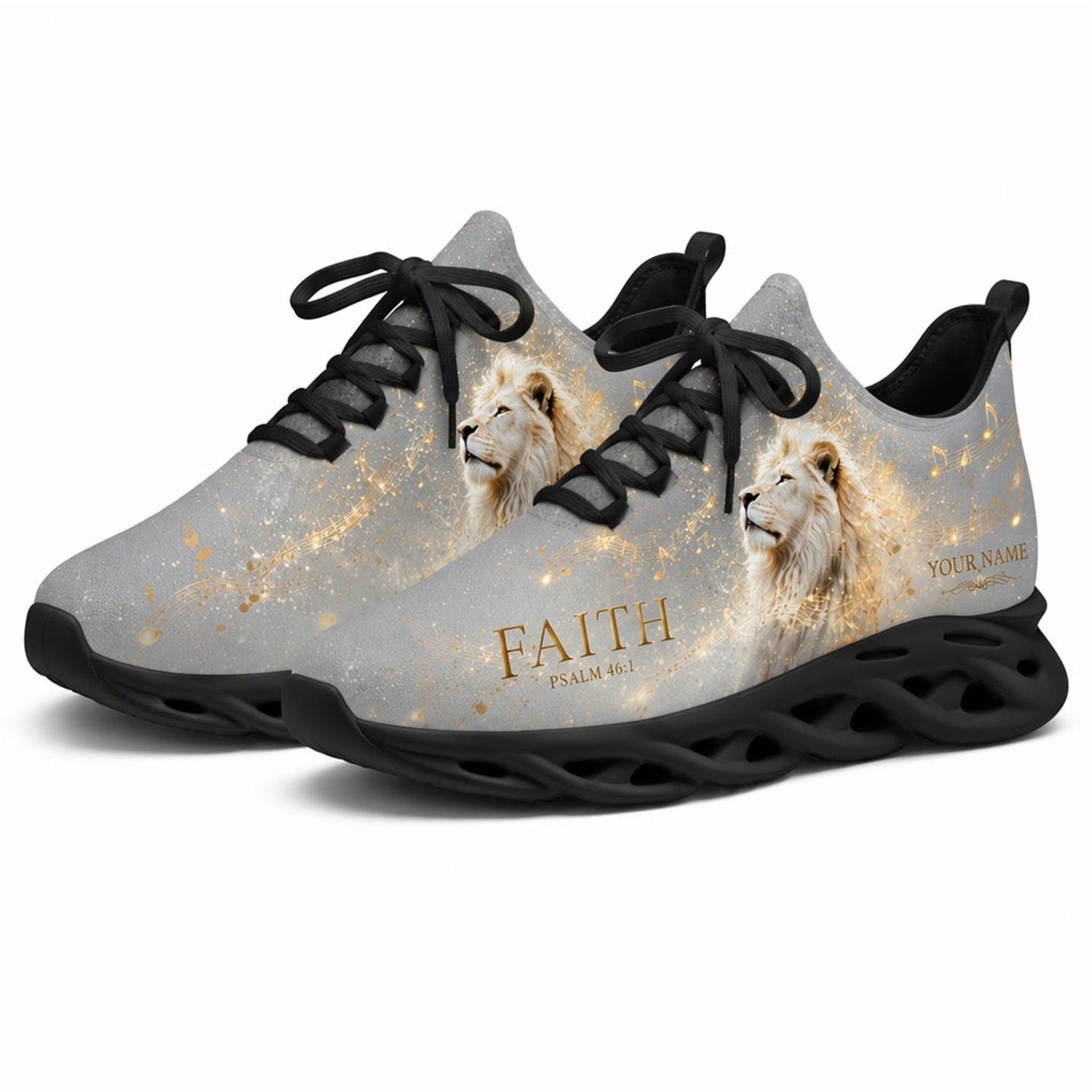 Angled studio shot of black-soled religious footwear featuring the Lion of Faith design