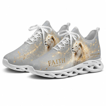 Studio 3/4 angle of gym sneakers featuring the Lion of Faith graphic on white soles