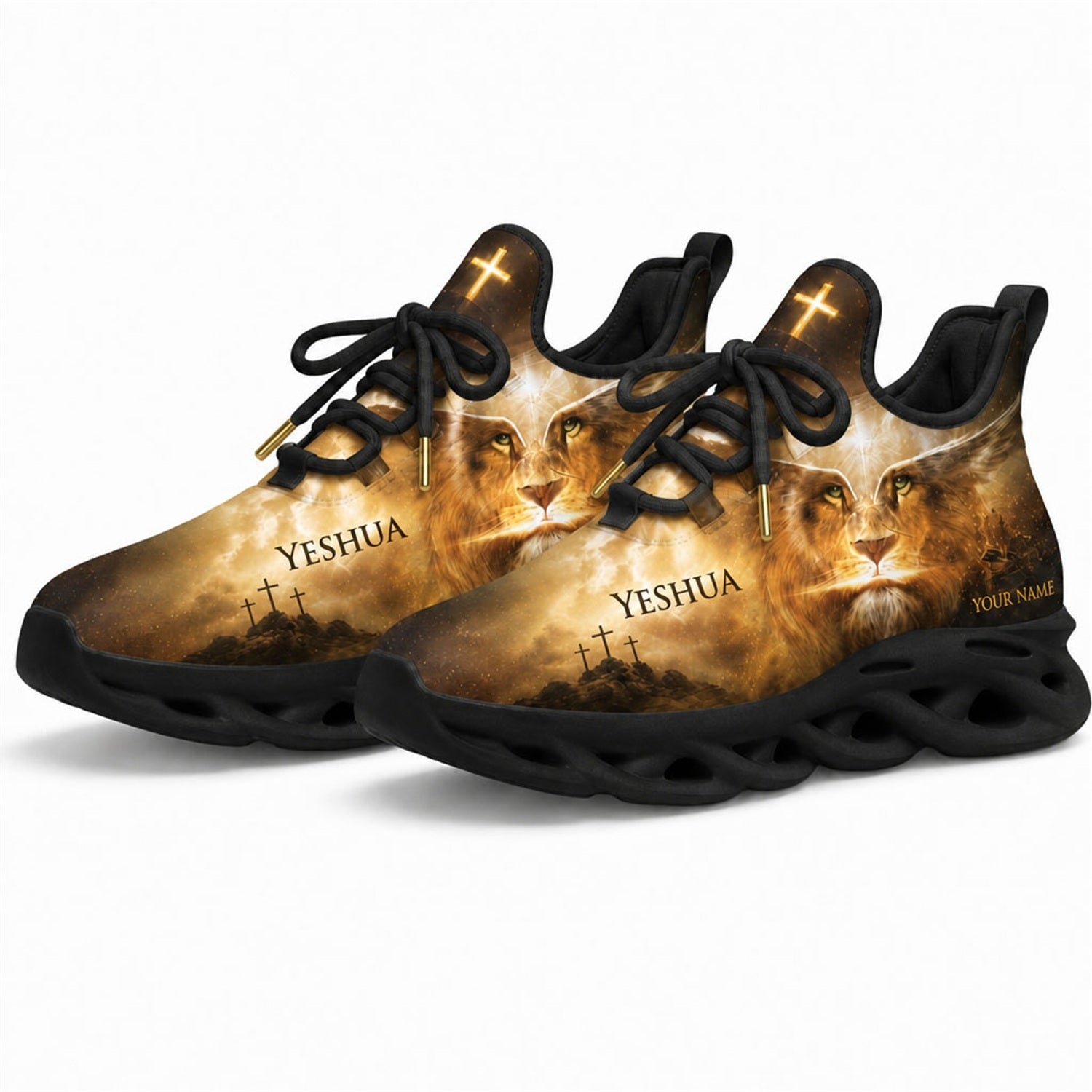 Angled studio shot of black-soled religious footwear featuring the Lion of Judah design