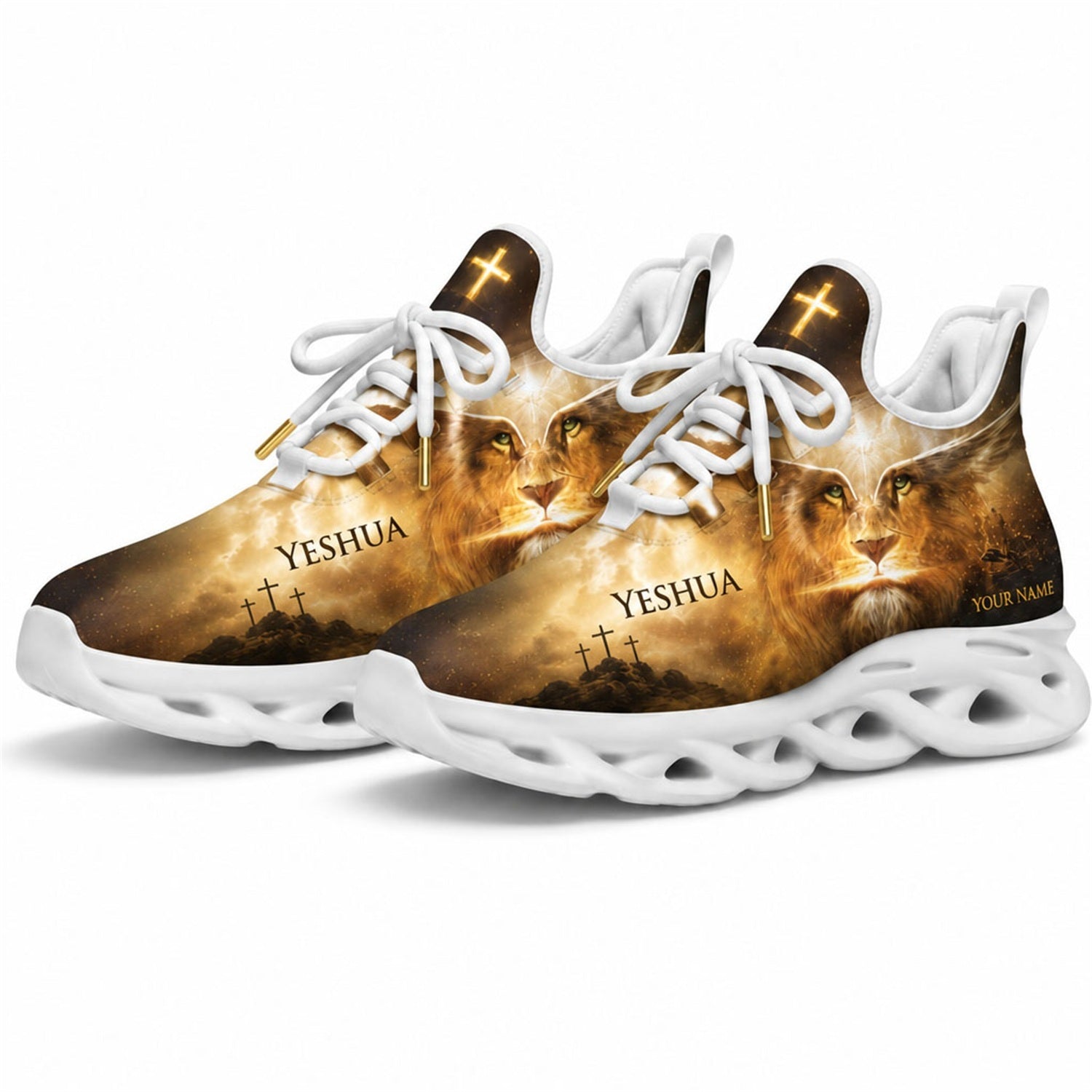 Studio 3/4 angle of gym sneakers featuring Lion of Judah graphic on white soles