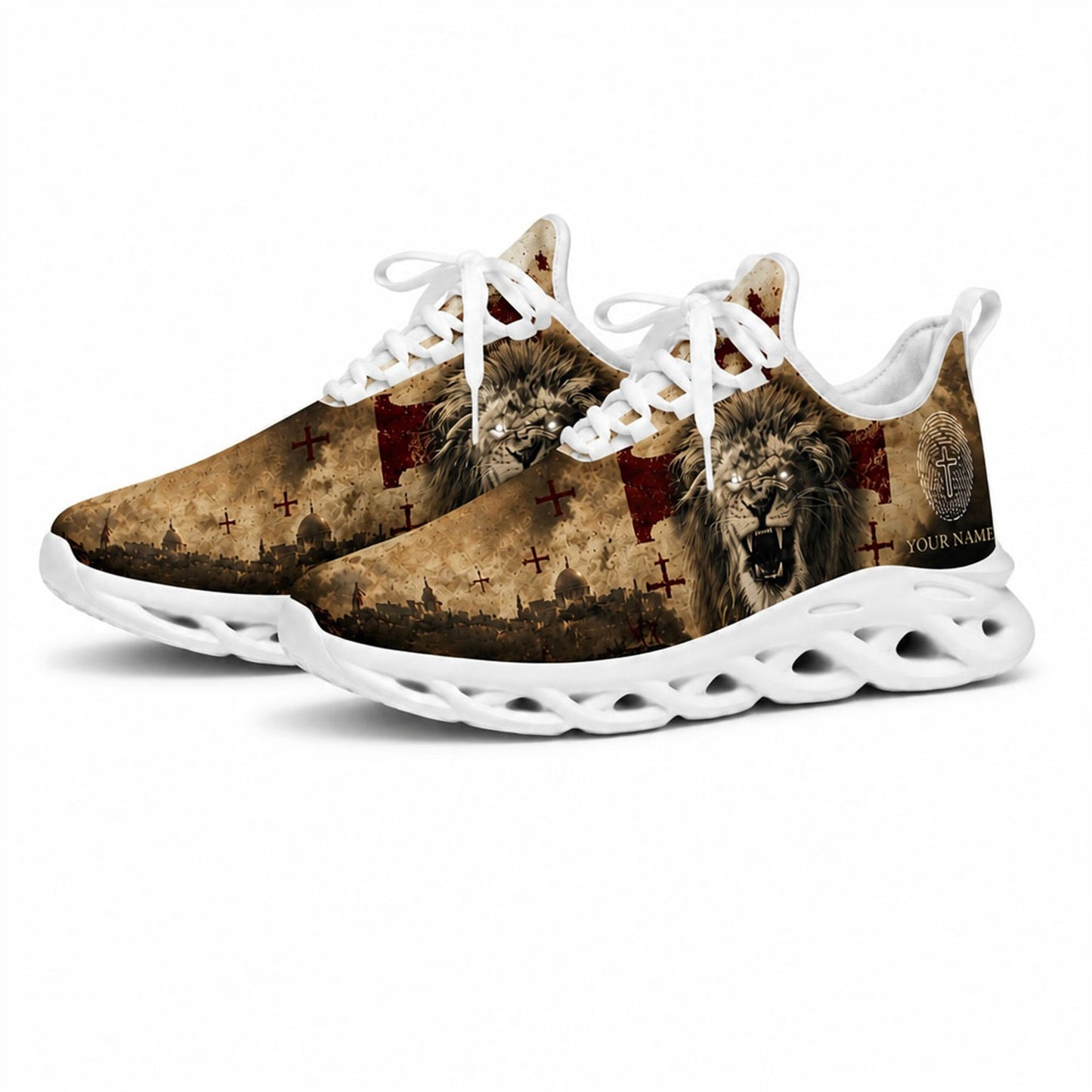 Studio 3/4 angle of gym sneakers featuring the Lion of Judah print on white soles