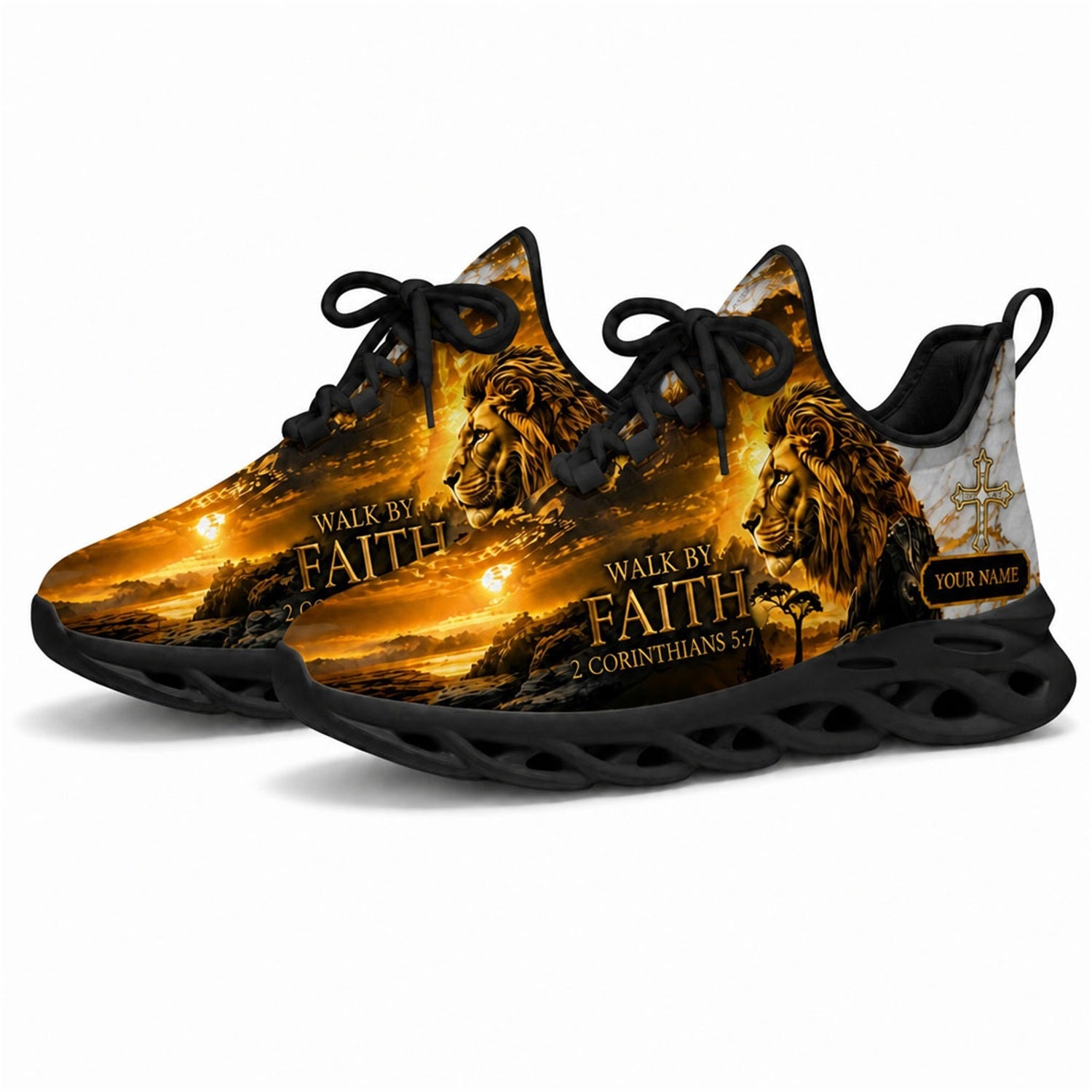 Angled studio shot of black-soled religious footwear featuring the lion design
