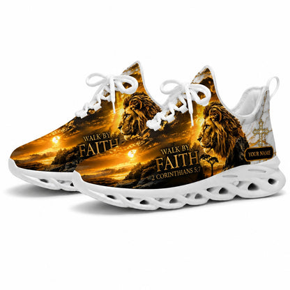 Studio 3/4 angle of gym sneakers featuring the lion print on white soles