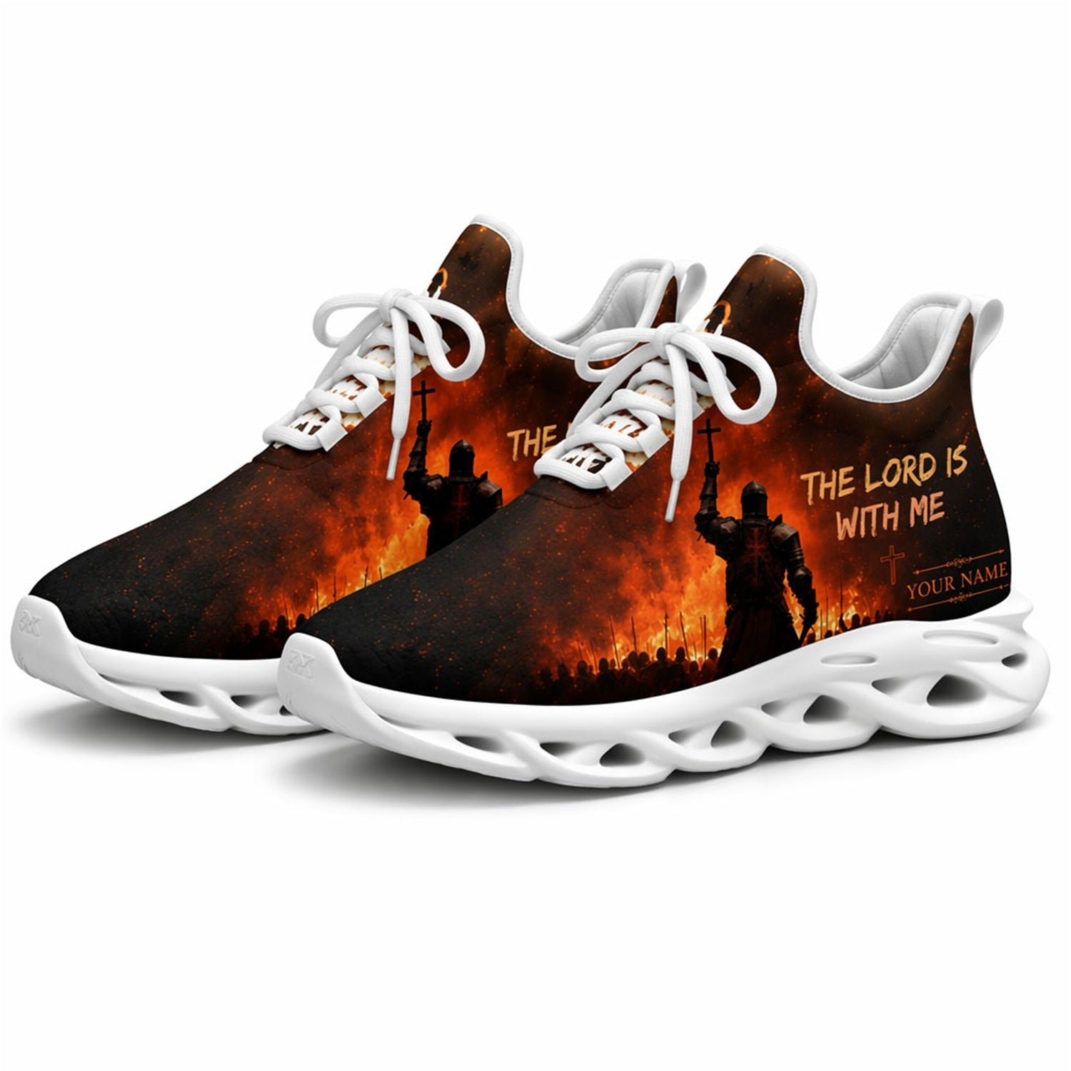 Studio 3/4 angle of gym sneakers featuring the Knight of Faith graphic on white soles