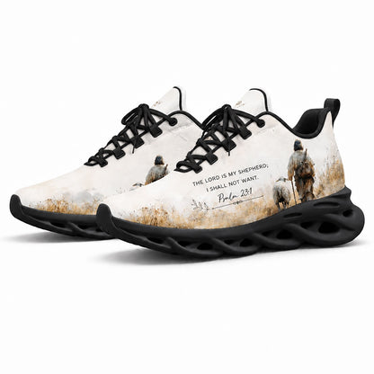 Pair of personalized bible sneakers featuring the biblical sheep flock print with dynamic black soles