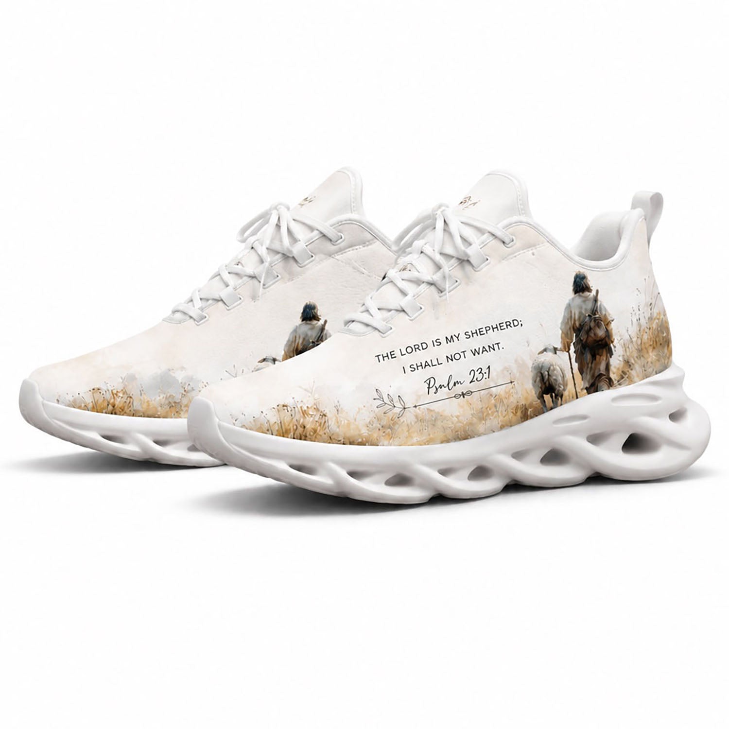 Angled pair of personalized bible sneakers with watercolor Good Shepherd painting and Christian verses on white soles