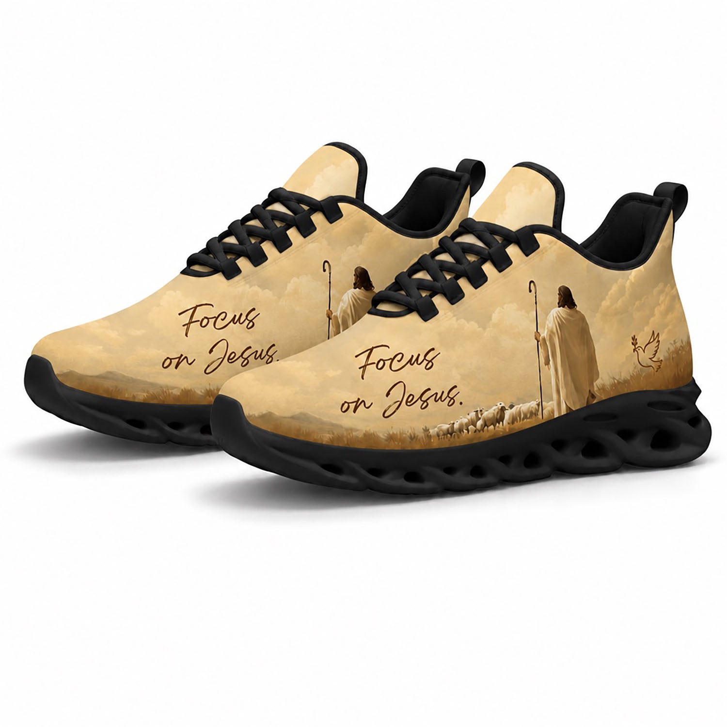Pair of personalized bible sneakers featuring a vintage sepia landscape print with dynamic black soles