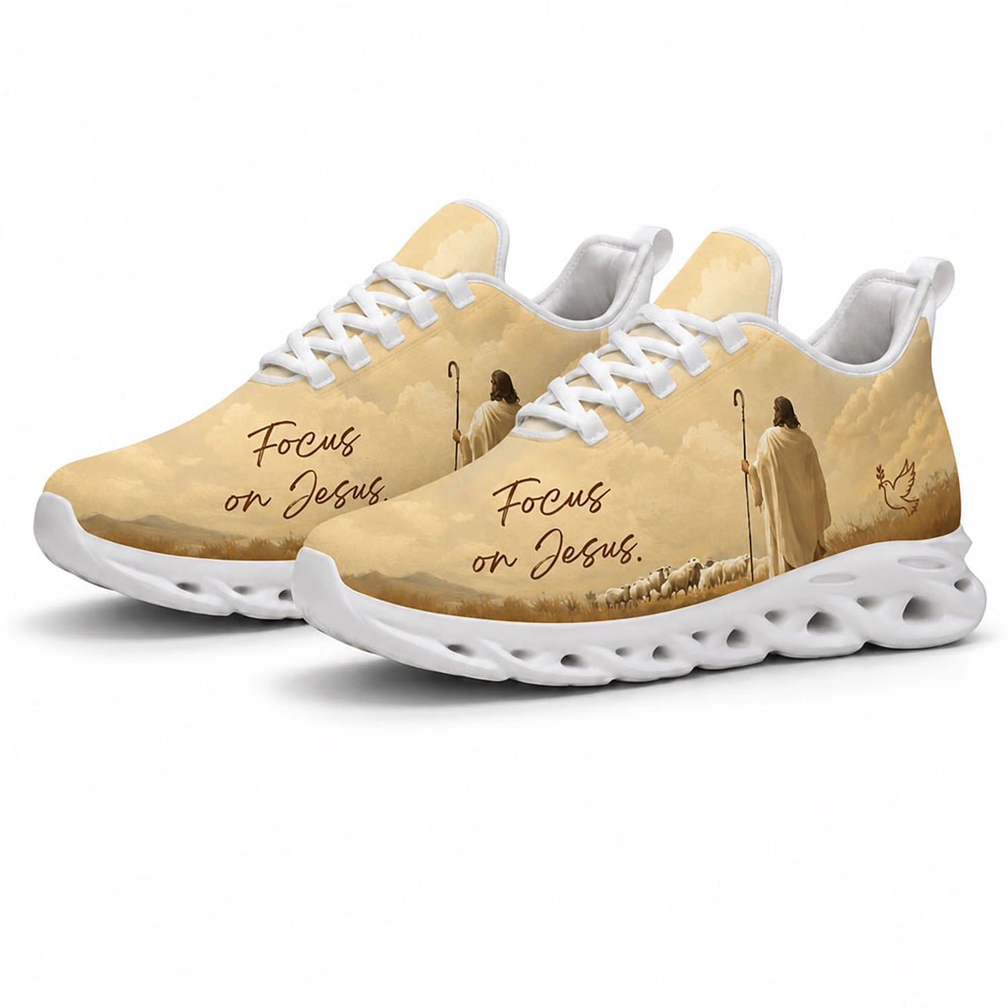 Angled pair of personalized bible sneakers with Jesus herding sheep graphic and Focus on Jesus text on white soles