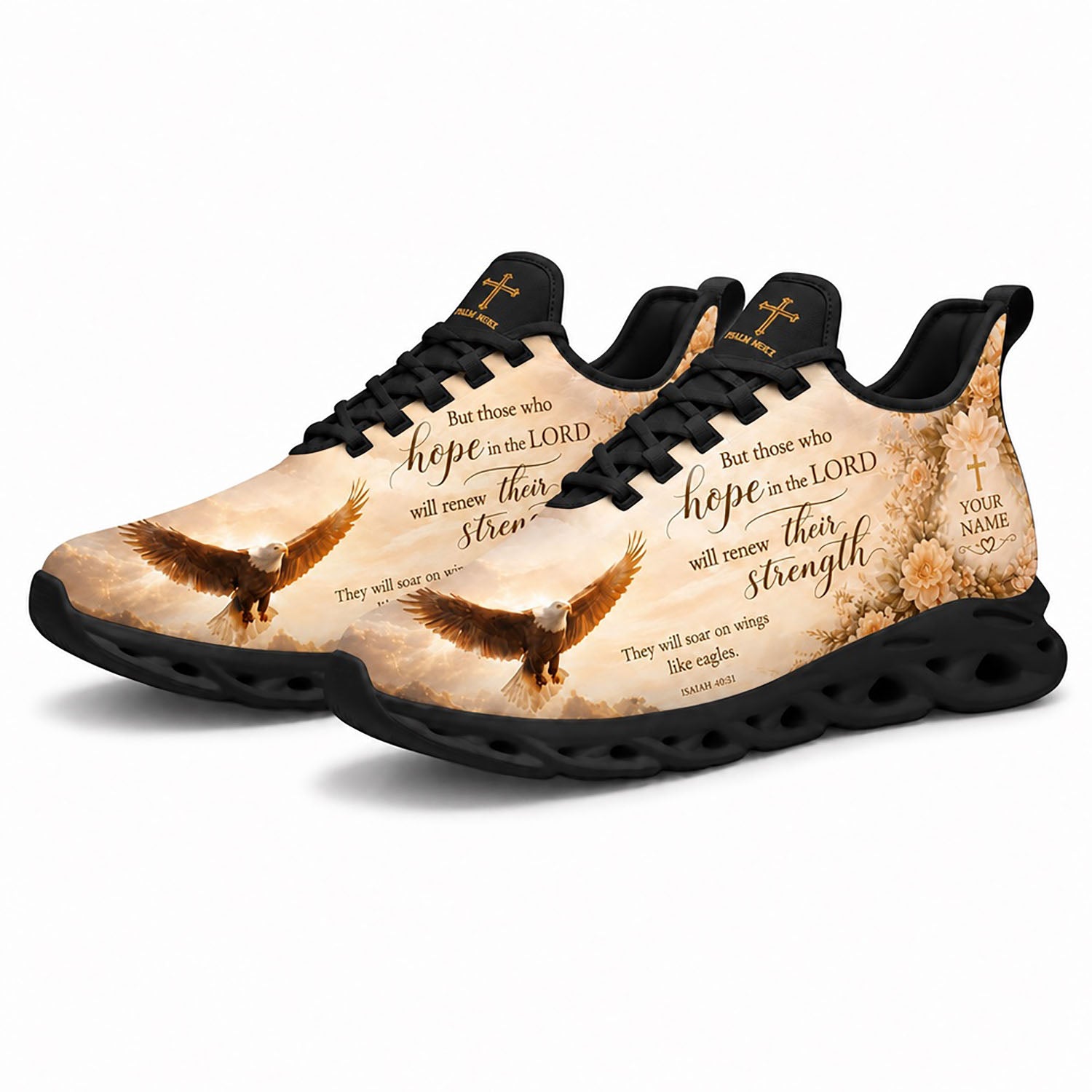 Pair of personalized bible sneakers featuring a vintage cream tone eagle print with dynamic black soles