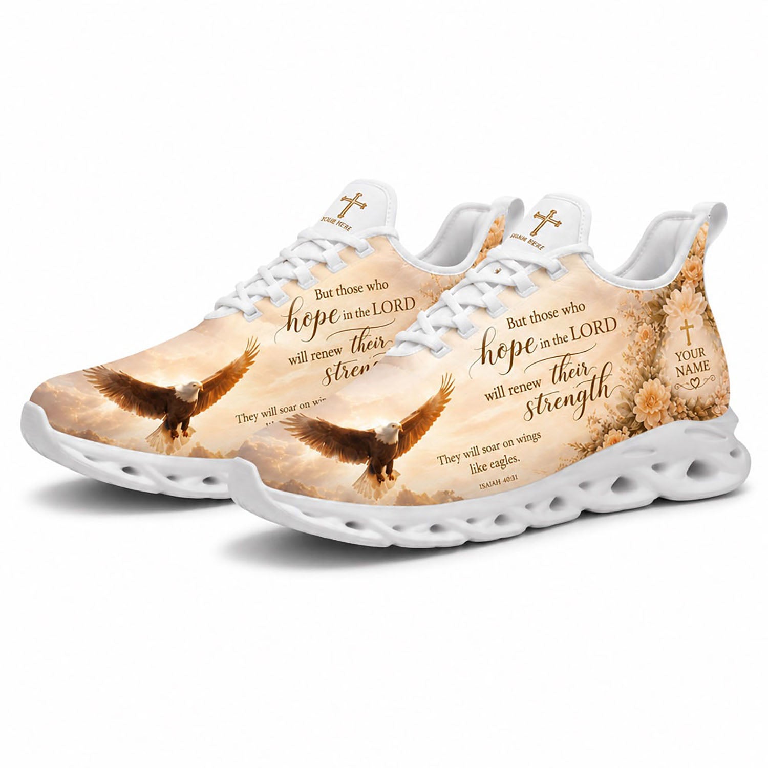 Angled pair of personalized bible sneakers with majestic eagle flying graphic and holy scripture on white soles