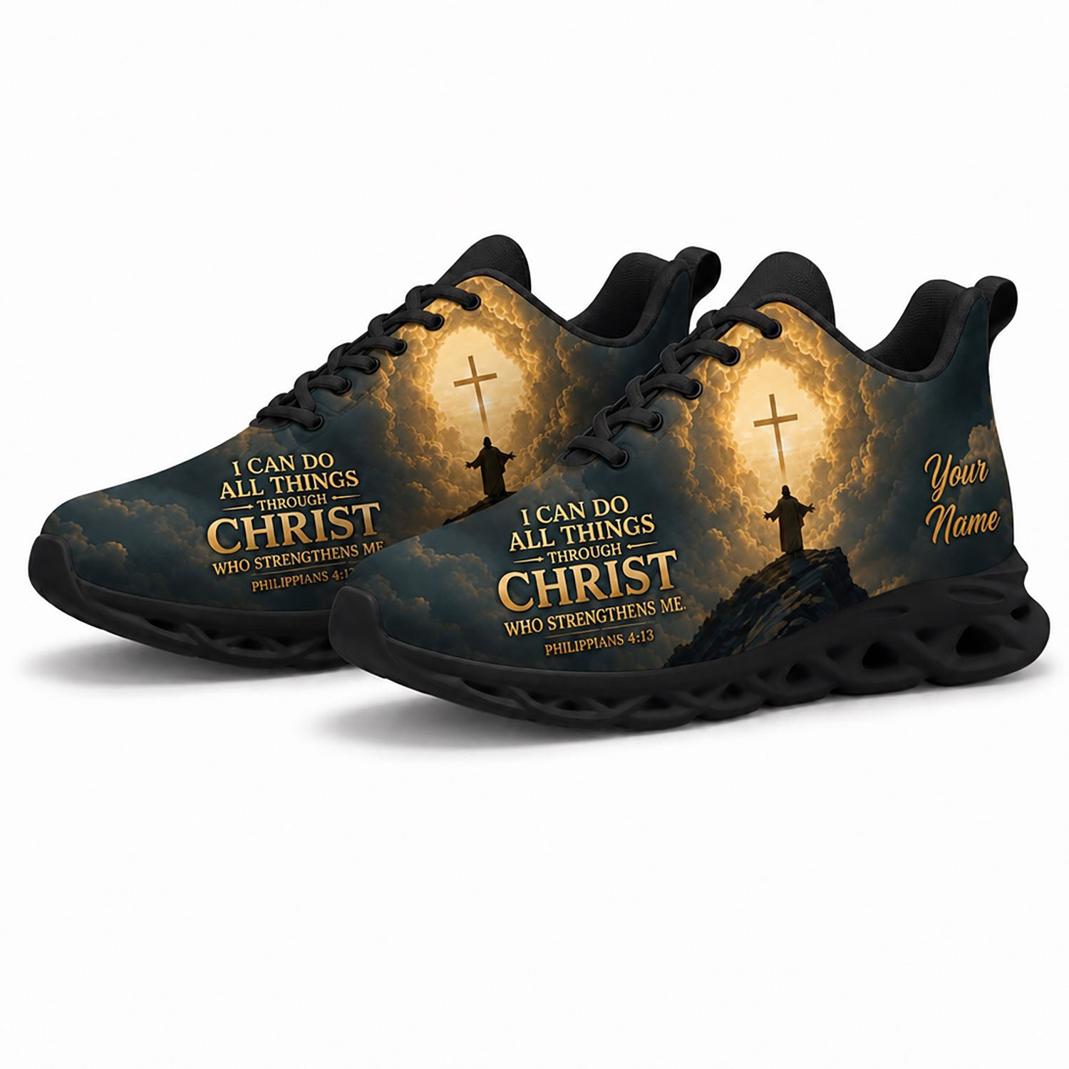 Pair of personalized bible sneakers featuring a divine cloud cross print with dynamic black soles