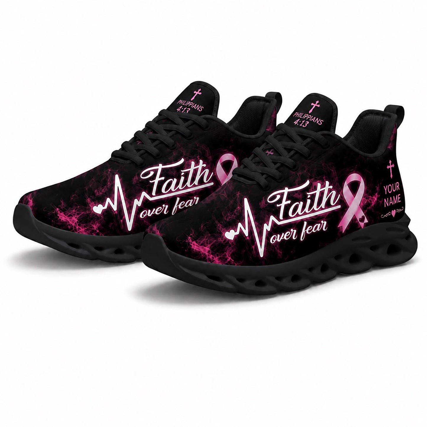 Pair of personalized breast cancer awareness sneakers featuring Philippians 4 13 cross text on black soles