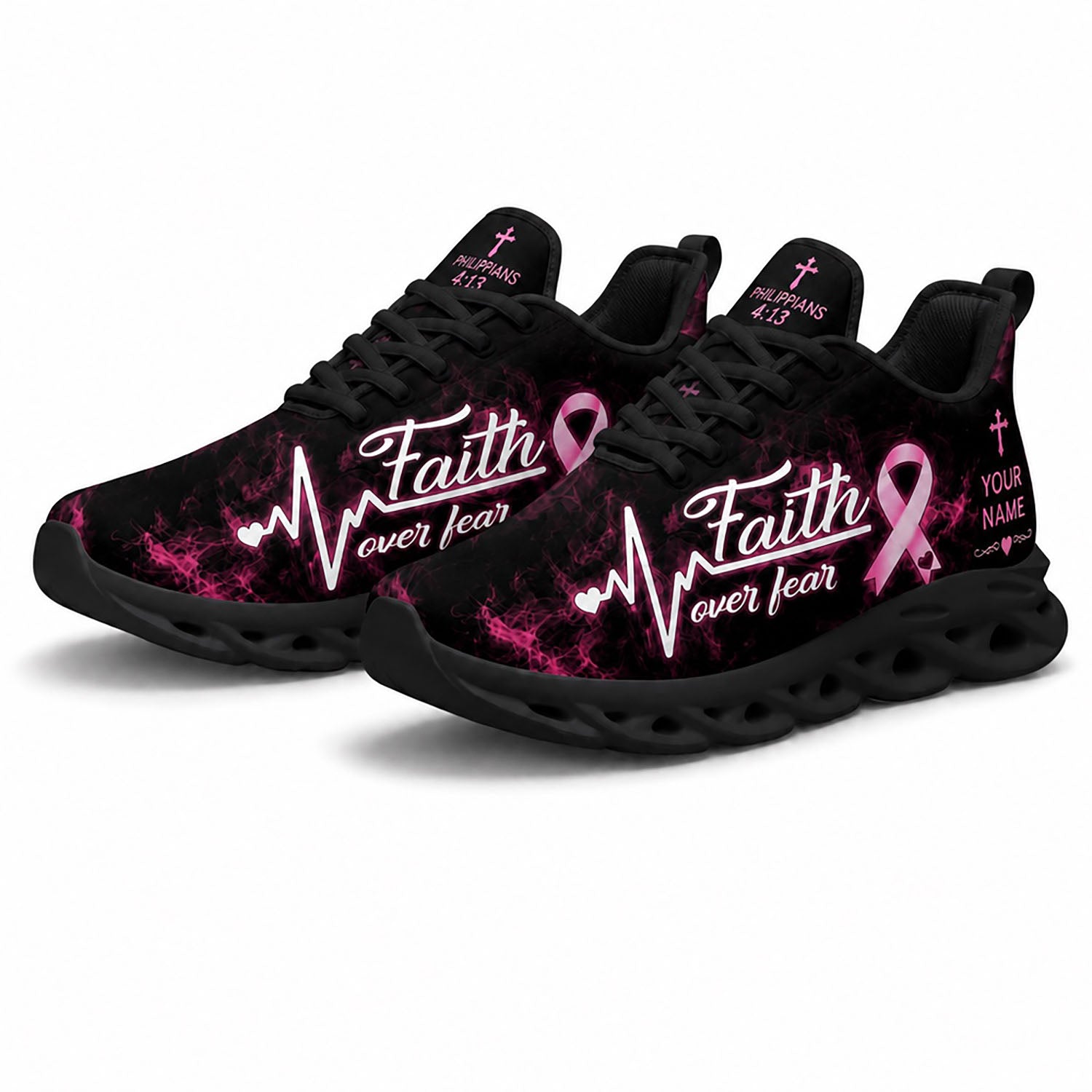 Pair of personalized breast cancer awareness sneakers featuring Philippians 4 13 cross text on black soles