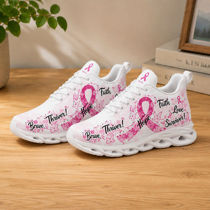Lifestyle display of Custom Name Breast Cancer Awareness Max Soul shoes with white soles styled on a wooden table