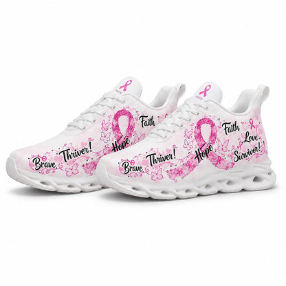 Angled pair of personalized breast cancer survivor sneakers with pink ribbon motifs and motivational typography