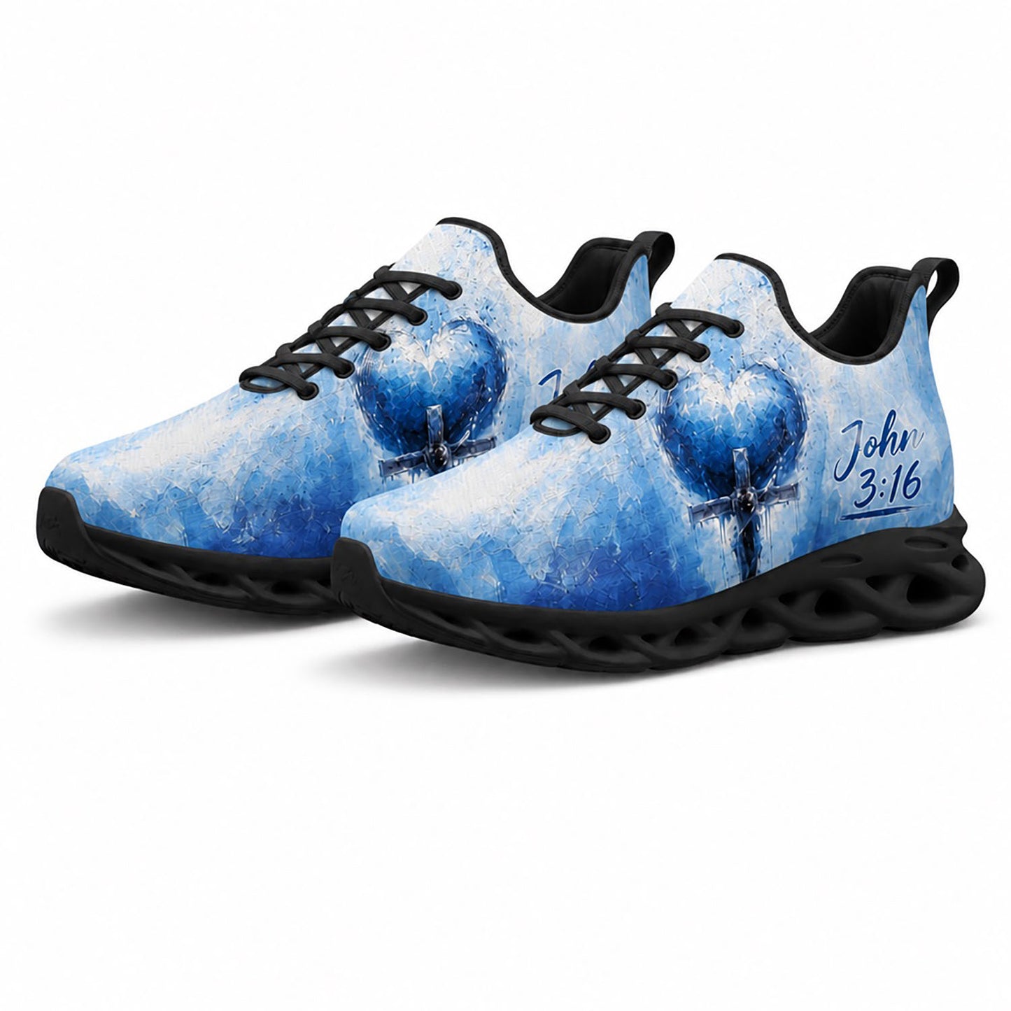 Pair of personalized Christian blue sneakers featuring a sacred heart cross artistic print with dynamic black soles