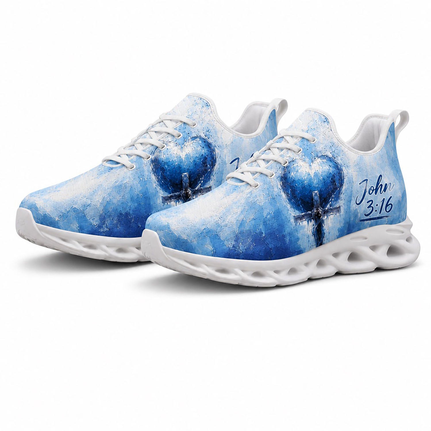 Angled pair of personalized Christian blue sneakers with holy cross heart graphic and John 3 16 text on white soles