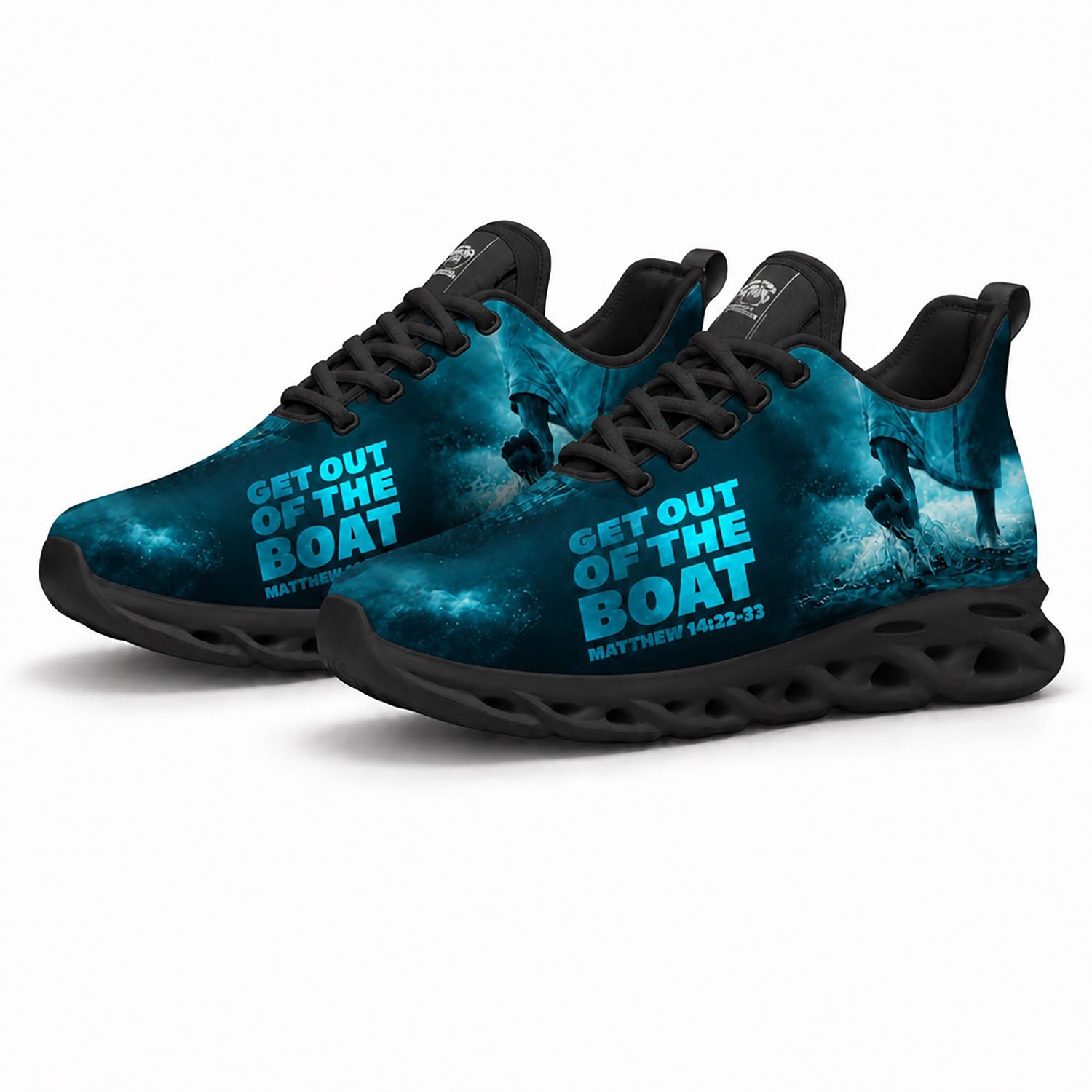 Pair of personalized Christian blue sneakers featuring a dramatic biblical stormy sea print with dynamic black soles