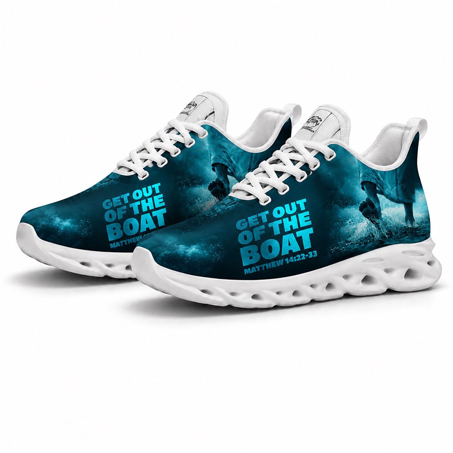 Angled pair of personalized Christian blue sneakers with deep sea wave pattern and religious text on white soles