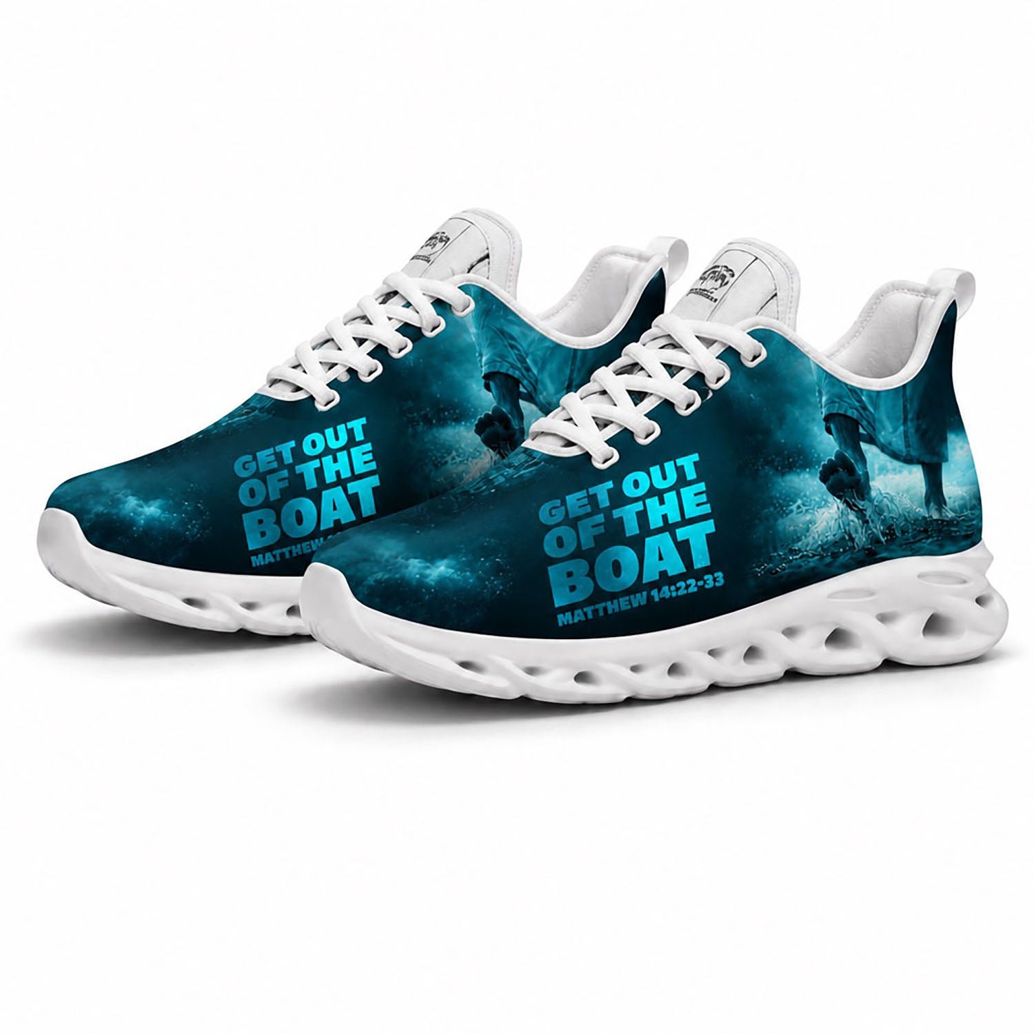 Angled pair of personalized Christian blue sneakers with deep sea wave pattern and religious text on white soles