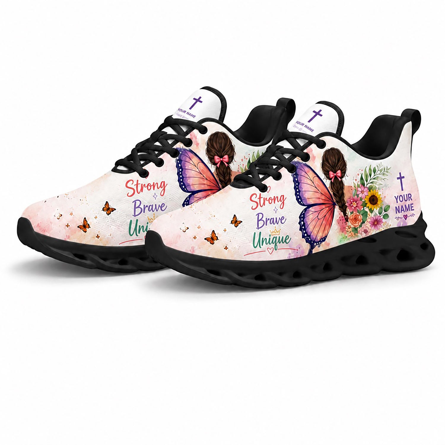 Pair of personalized Christian butterfly sneakers featuring a pink floral canvas print with dynamic black soles