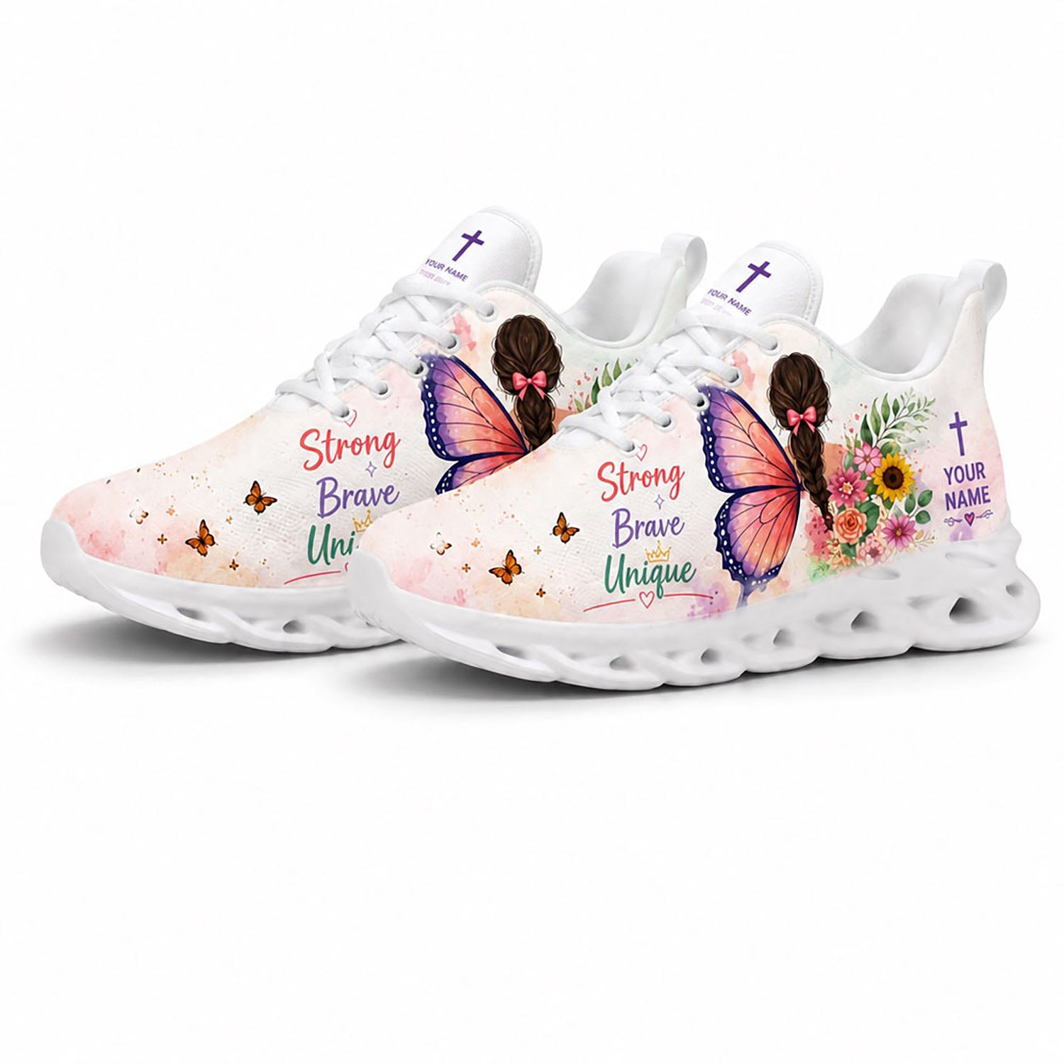 Angled pair of personalized Christian butterfly sneakers with floral graphics and empowerment text on white soles