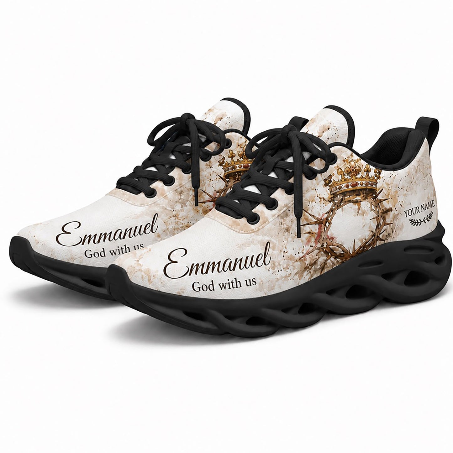 Pair of personalized Christian crown sneakers featuring a holy watercolor print with dynamic black soles