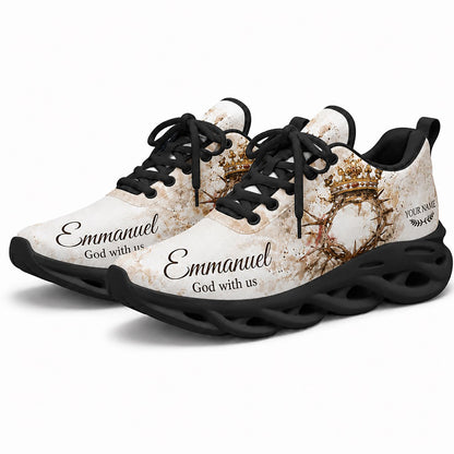 Pair of personalized Christian crown sneakers featuring a holy watercolor print with dynamic black soles