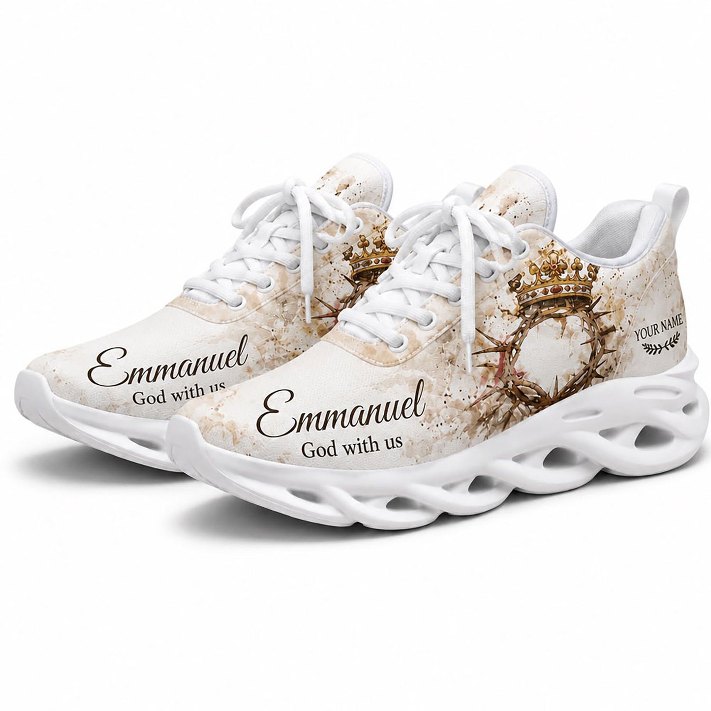 Angled pair of personalized Christian crown sneakers with golden crown artwork and Emmanuel text on white soles