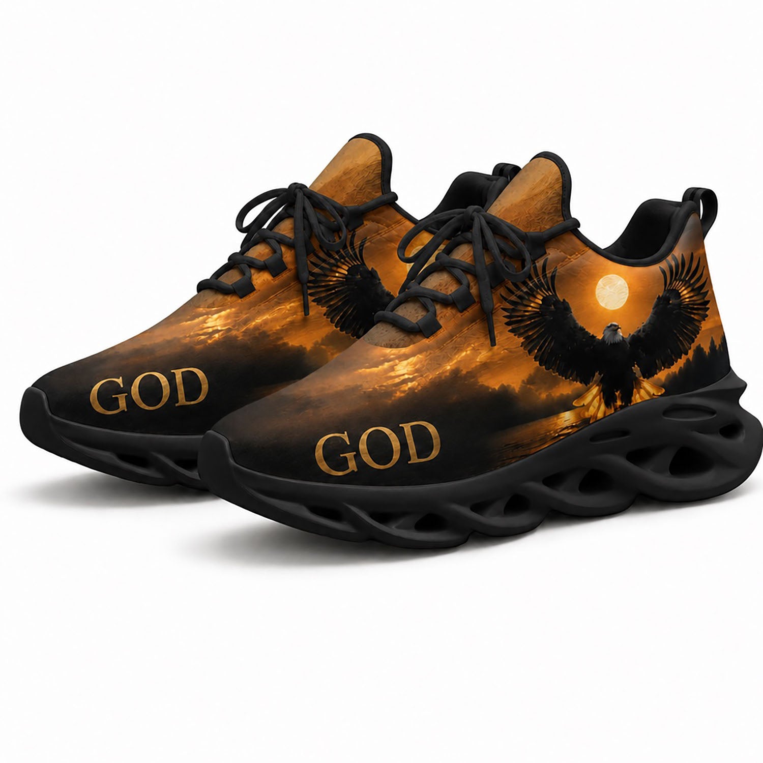 Pair of personalized Christian faith sneakers featuring a golden sunset flying eagle print with dynamic black soles